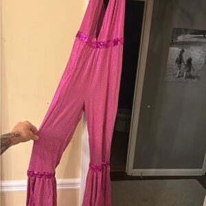 Fuchsia Sequin Halter Jumpsuit & matching head scarf